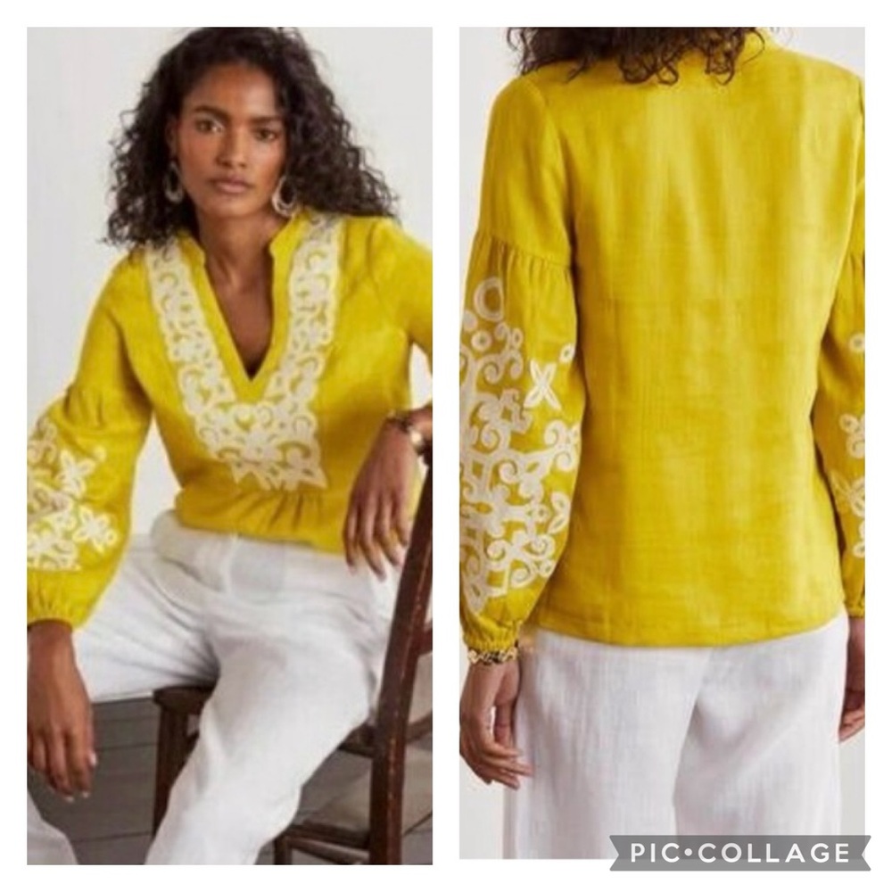 EUC Boden Leonie Blouson Sleeve Embroidered Top in Chartreuse